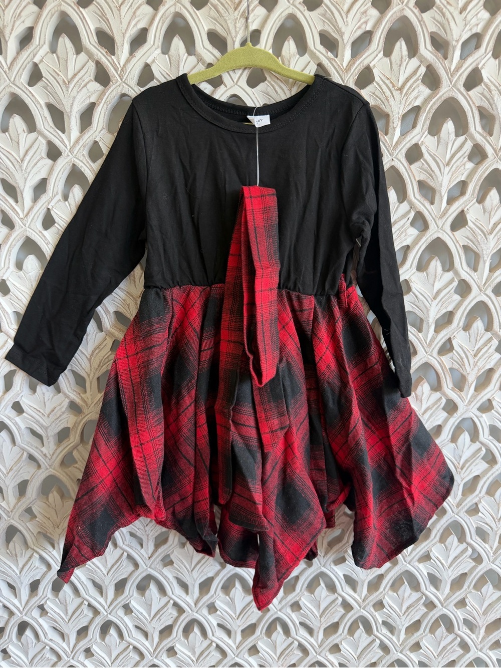 PatPat Girls Plaid Handkerchief Dress 3-4Y Black Red NWT